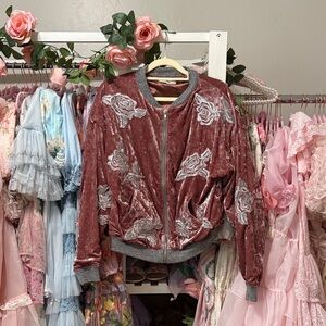 Honey Punch Velvet Bomber Jacket in Rose and Silver